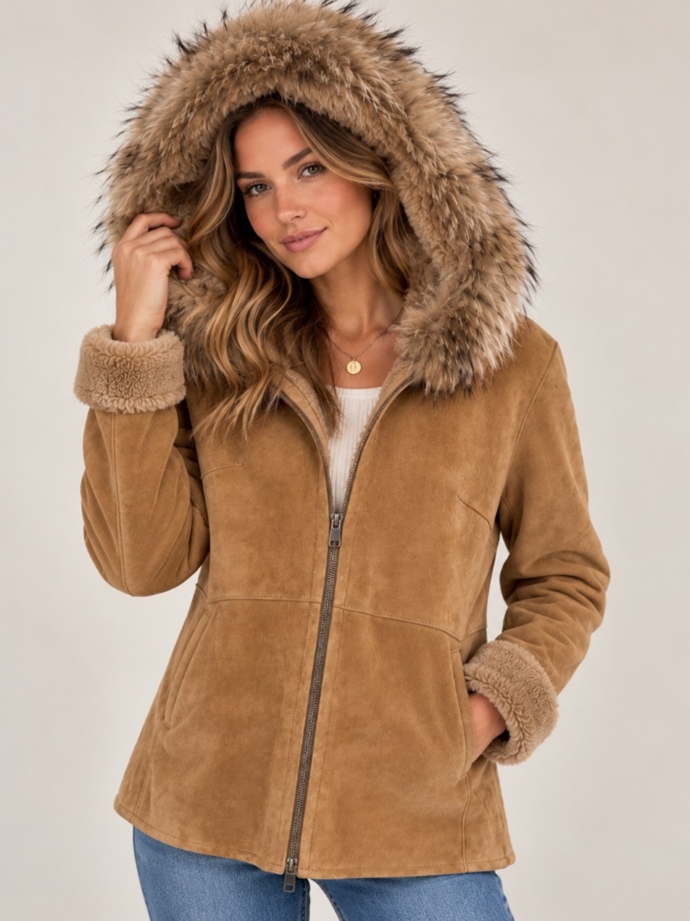 Duck Sport Vintage Shearling Hooded Coat with Real Fur Size M